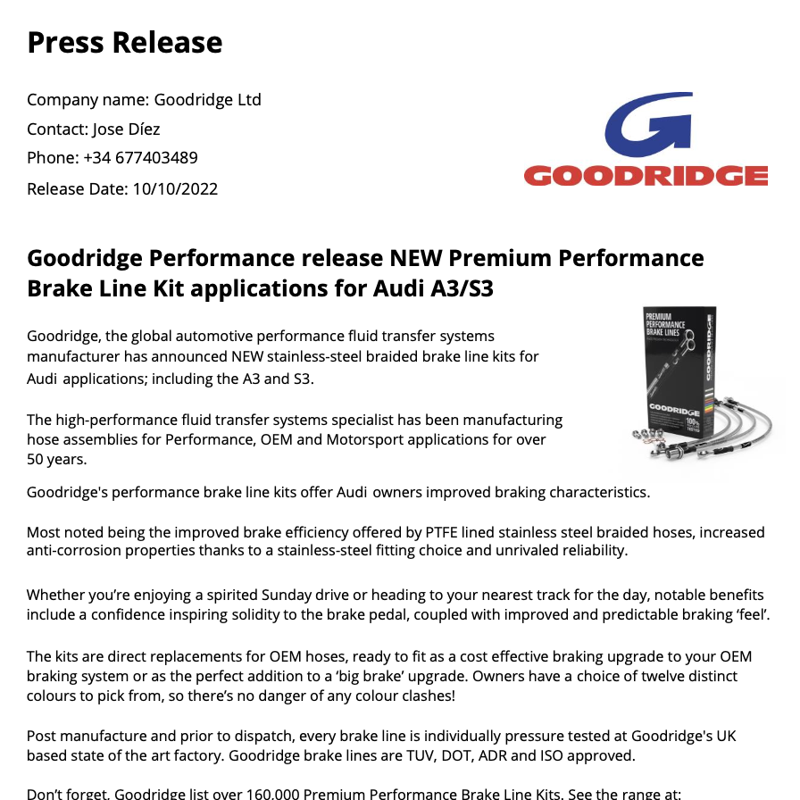 Press Release for Audi A3 & S3 brake line kits