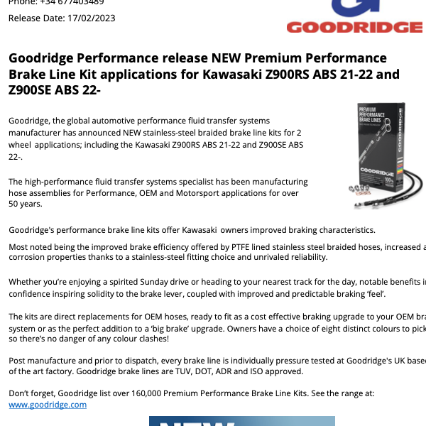 Press Release for Kawasaki z900 brake line kits